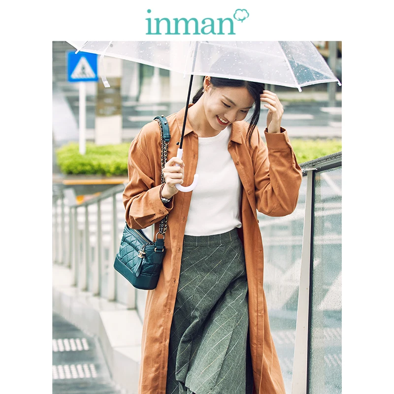 

INMAN 2019 Autumn New Arrival Cotton Turn Down Collar Fashion Casual All Matched Long Sleeve Women Overcoat Dress