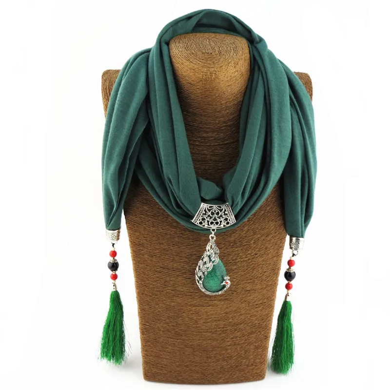 Women Scarf Pendant Necklace Nature Stone Pendant Necklace Fringe