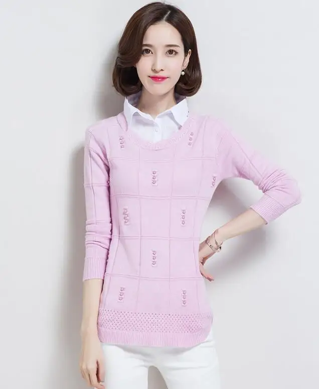 Женский вязаный пуловер свитер Новая мода поддельные два рубашки воротник свитера тонкий размера плюс женская одежда повседневные Топы 6 цветов - Цвет: Pink