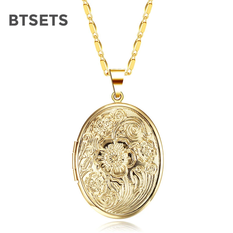 

BTSETS Round Oval Flower Necklaces for Mother Photo Frame Memory Locket Pendant Necklace Gold Silver Color Statement Necklace