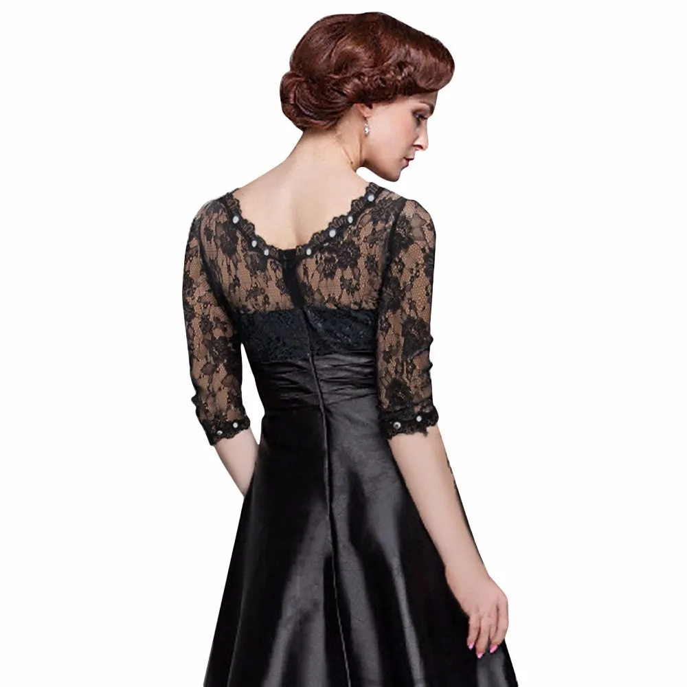 Elegant Little Black Women Maxi Long Dress Sexy Robe Femme Tunic Floral Lace Night Evening Party Dresses Pleated Mesh Vestidos 9