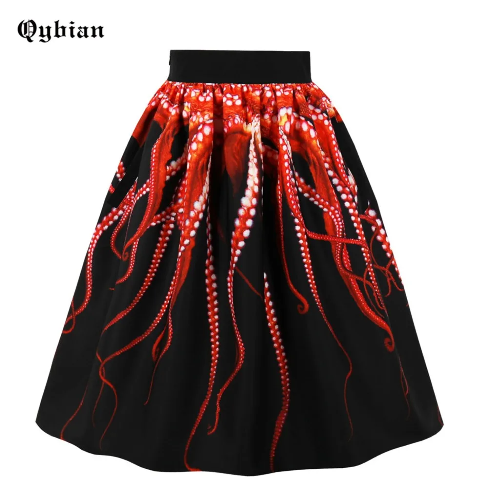 

Summer Red octopus Print Pocket Skirt Women High Waist Skirt Vintage A-Line Casual Big Swing Women Midi Skirt PLus Size 4XL