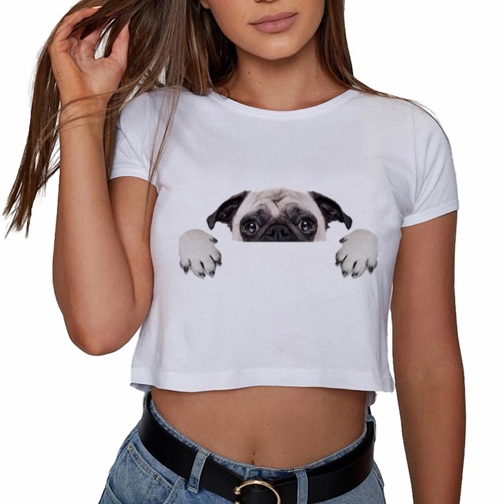 Fashion Womens Cute Pug Dog Clothing Summer Casual Print Crop Top Girl