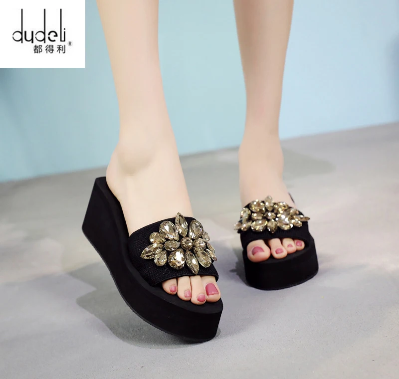 

DUDELI Women Slippers Summer Crystal Wedges Flip Flops Woman Casual Shoes 2019 Black Gold Female Beach Slippers