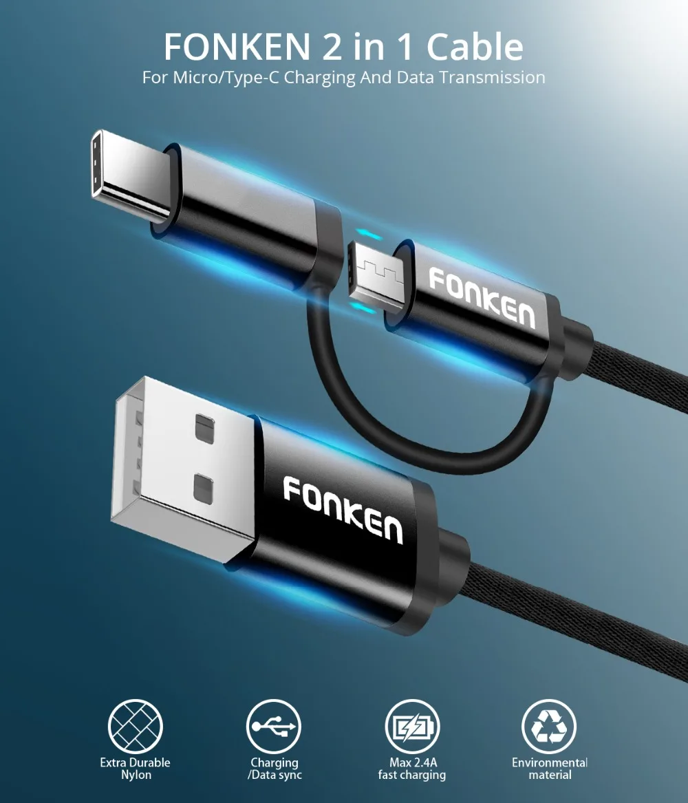 FONKEN 2 в 1 USB кабель Micro usb type C кабель для быстрой зарядки телефона 1 м двойной адаптер Mini USB C зарядка для мобильных телефонов Кабели