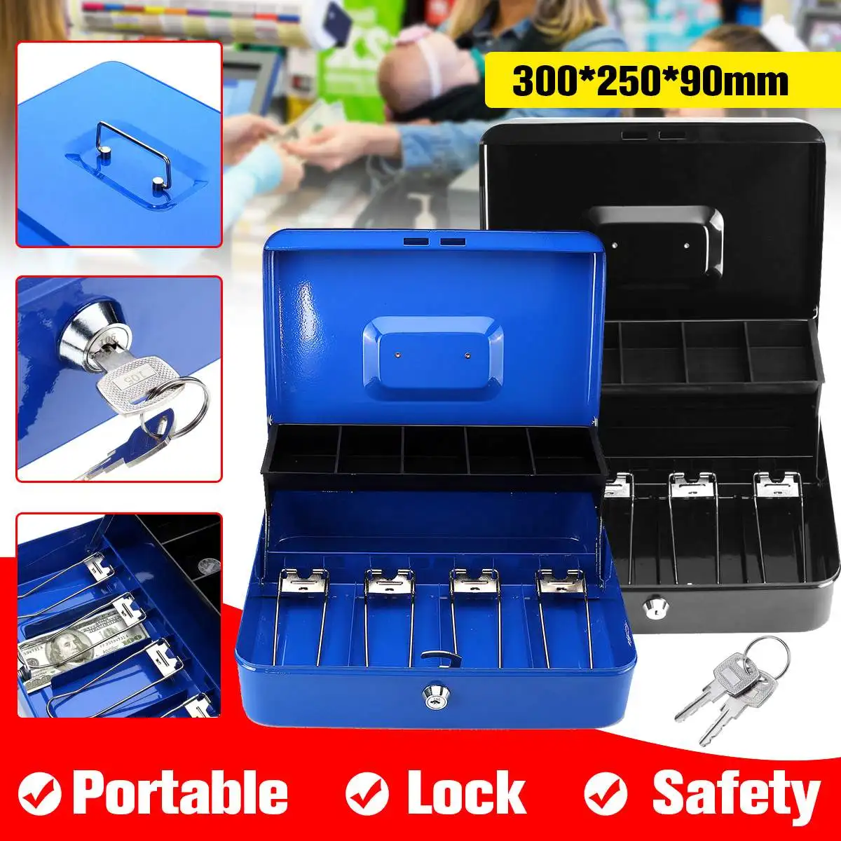 

12 Inch Blue Black Portable Cash Box With Drawer Lockable Metal Money Box Coin Cash Piggy Bank Home Store Jewelry Safe Market