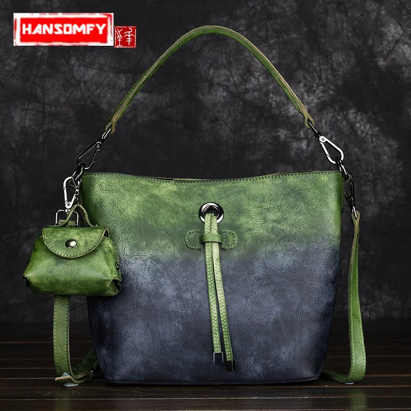 

Genuine Leather bucket Women handbag retro hand-wiping large capacity shoulder Bags portable diagonal cross child female bag