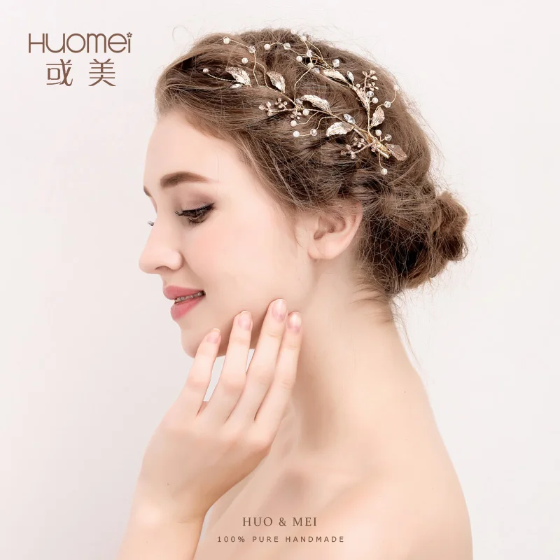 Handmade Leaf gold Bridal font b Accessories b font Hair Pins Crystal Wedding Tiara Pearl Jewelry