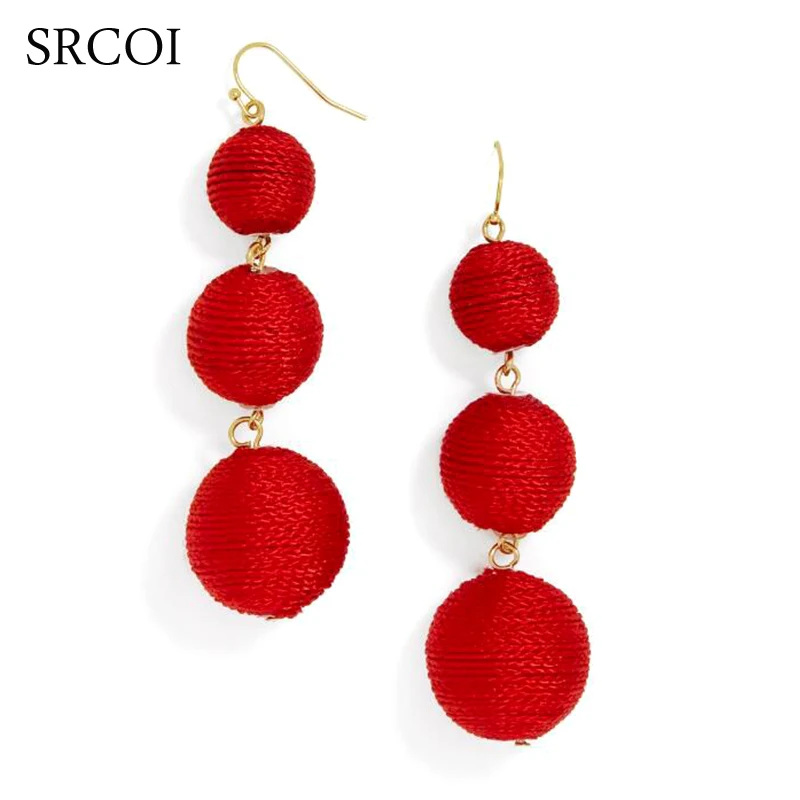 SRCOI Classic Red Silk Corded Pompom Earrings Triple Tier Threaded