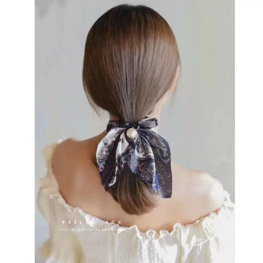 2021 New Chiffon Bowknot Silk Hair Scrunchies Women Pearl Ponytail Holder Hair Tie Hair Rope Rubber Bands Hair Accessories elastic headbands for women