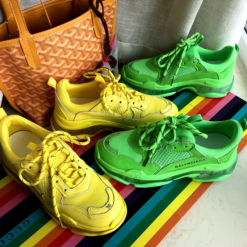 

Fluorescent green couple leather daddy shoes, thick sole, net red super-fire lace-up sneakers, Retro-Vintage old man shoes