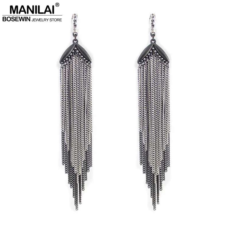 MANILAI Antique Silver Color Chain Tassels Earrings Boho Style Fashion