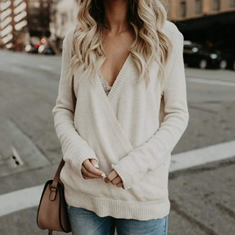 

LOGAMI Deep V Neck Sexy Pullovers And Sweaters Women Autumn Winter Casual Fashion Sweater Female Knitted Jumpers