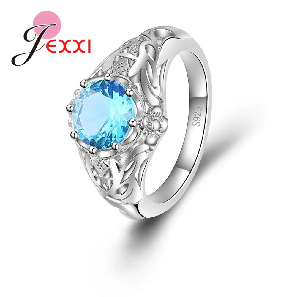 

JEXXI Domineering Sky Blue Cubic Zirconia Pure 925 Sterling Silver Hollow Pattern For Female Male Accessories Rings Scene Props
