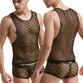 Male Sexy Sheer Black Diamond Mesh Leather Trim Undershirt Vest Singlet with Matching Boxer Brief Erotic Lingerie Set for Him