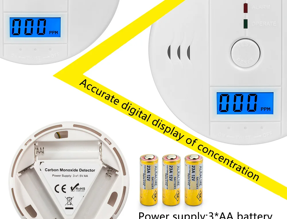 Охранных 85db Предупреждение Высокочувствительный ЖК-дисплей photoelectric независимых угарного газа Сенсор отравления угарным газом сигнализации детектор