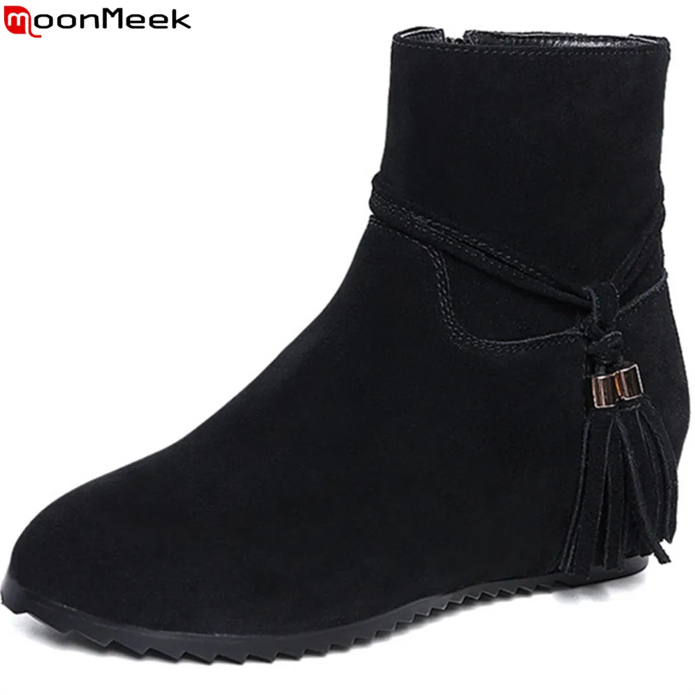 

MoonMeek black red fashion women boots round toe cow suede ladies boots height increasing zipper leather ankle boots big size