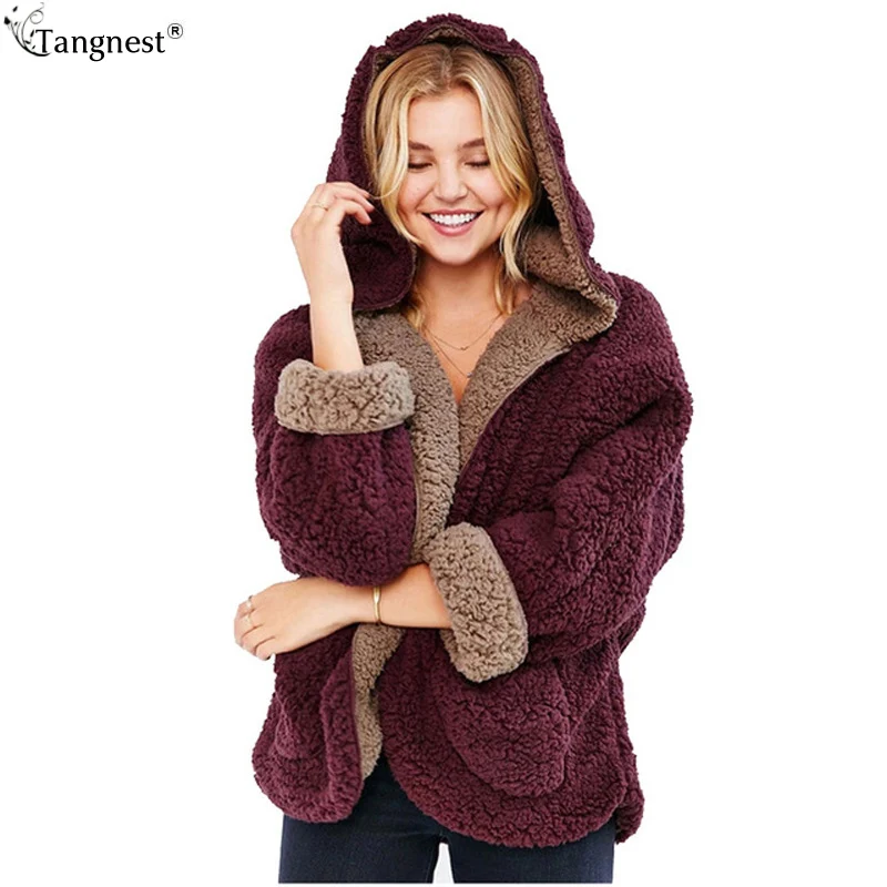 TANGNEST Preppy Style Faux Lamb Wool Coat 2017 Autumn Winter Fashion Fur Jacket Warm Solid Reversible Hooded Garment WWD259