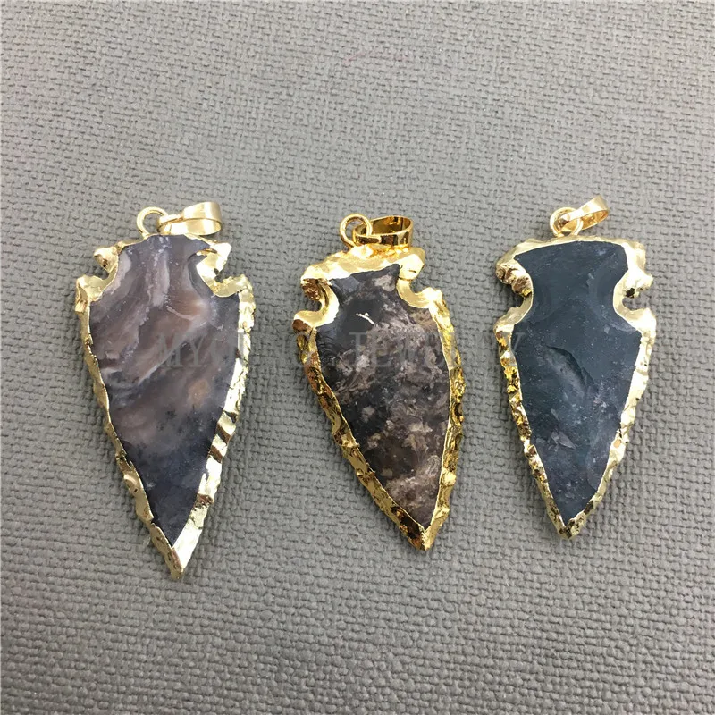 

MY0418 Multicolor Arrow Jaspers Druzy Necklace Pendant,with Pure Gold Cladding Rough Arrowhead Gems Stone Jewelry Making Charm