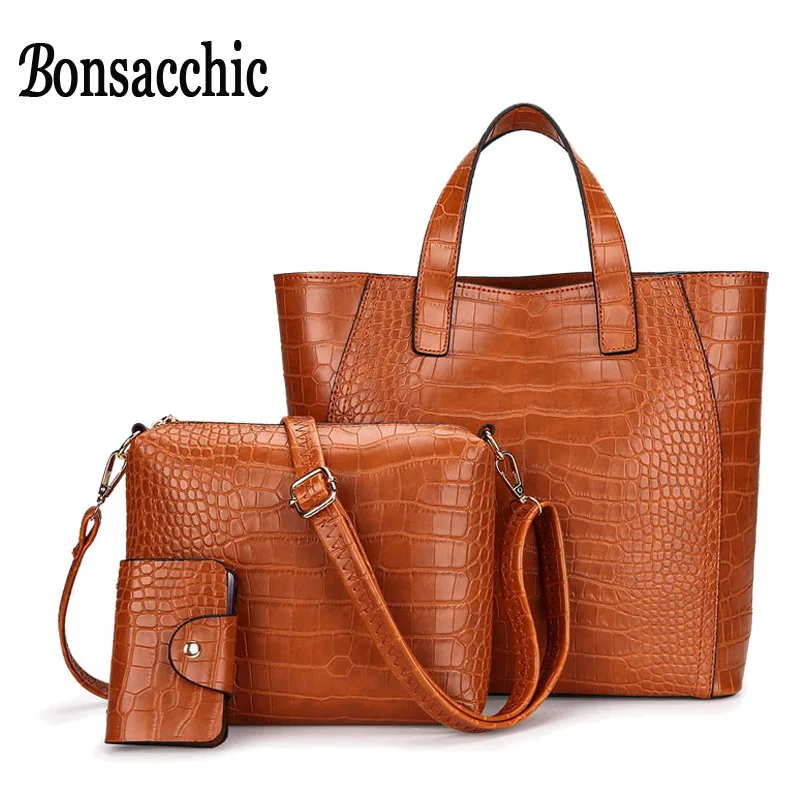 Bonsacchic 3pcs Brown Leather Handbag Set Luxury Handbags Women Bags Designer Tote Bag Set Small ...