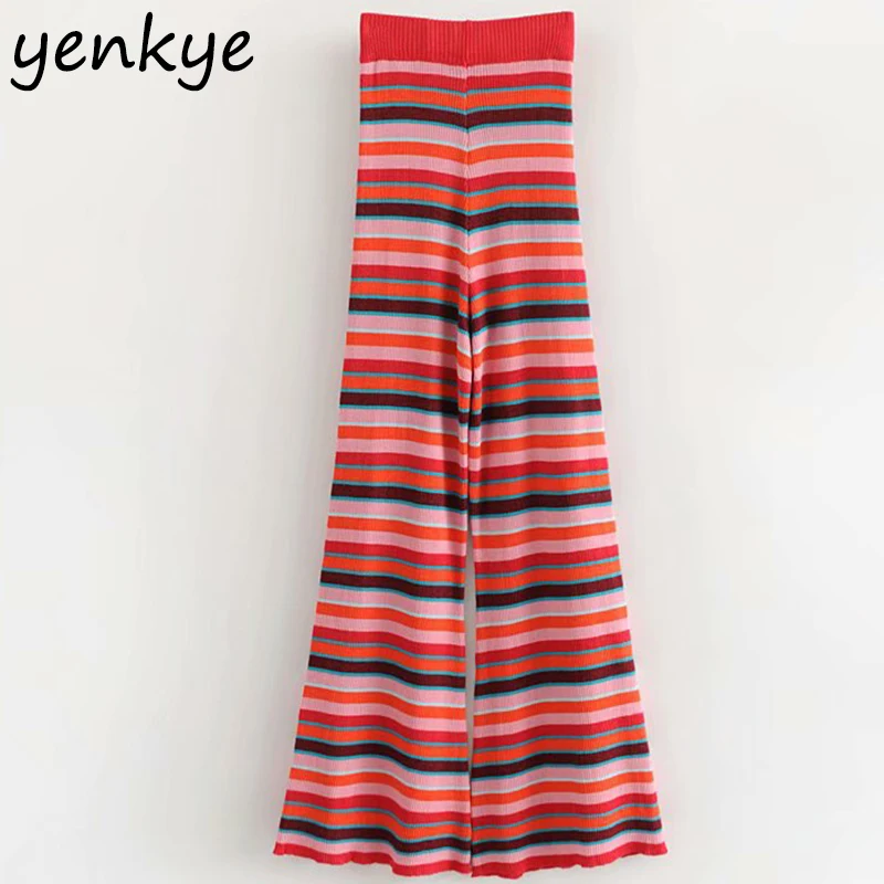 

European Style Women Multicolor Striped Pants Female Elastic High Waist Wide Leg Knit Pants pantalon mujer Streetwear DWDD8033