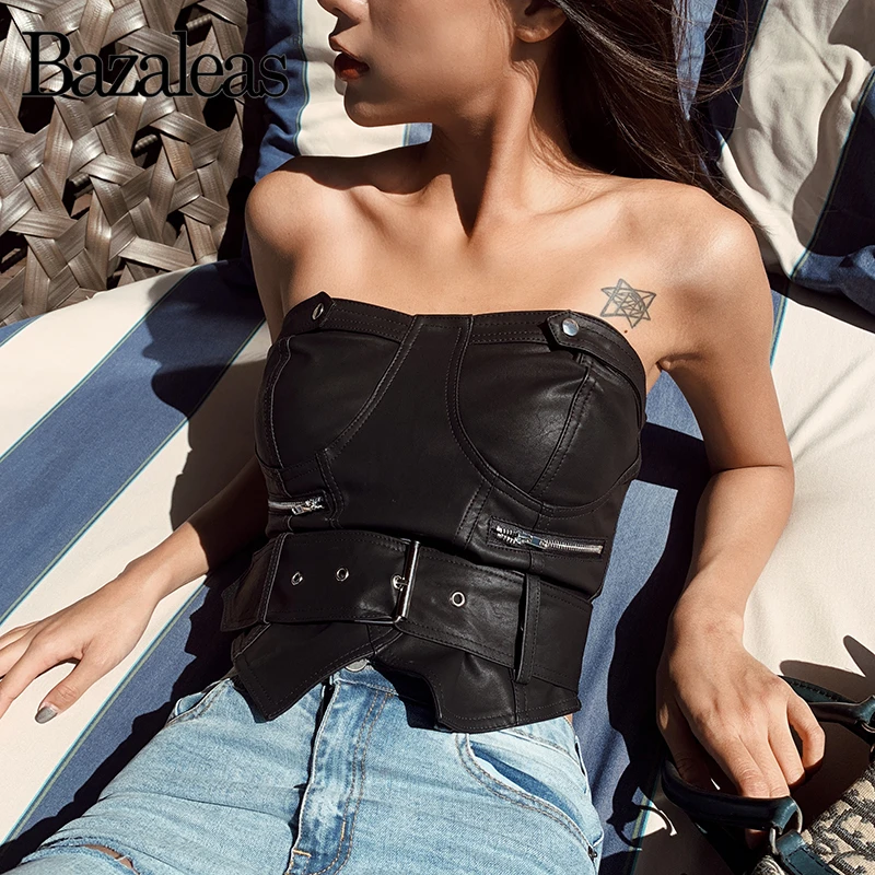 

Black Fake PU Leather Women Camis Zipper Sashes Tank Casual Women Tank Top Slim Sexy top Casual