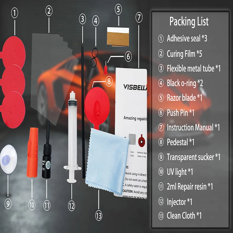 Visbella DIY Windshield Repair Windscreen Glass Kit Chip Crack Bullseye Restore Glue Adhesive with UV Lamp Hand Tool Sets