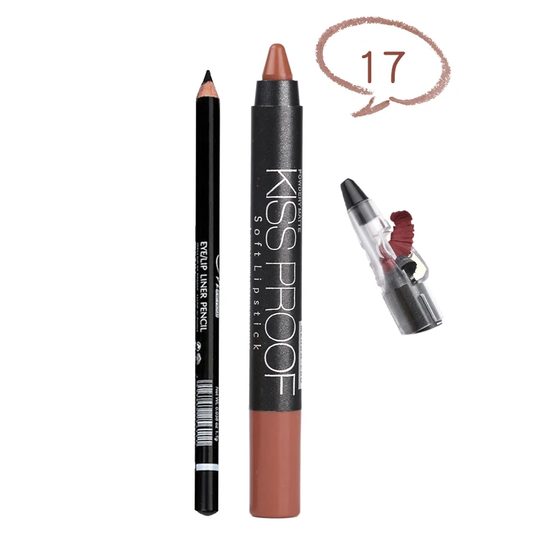 MENOW Brand Make Up Set Of Kiss Proof Lipstick With Sharpener And Waterproof Lasting Eyeliner Cosmetic Combination 5317/B - Цвет: 17