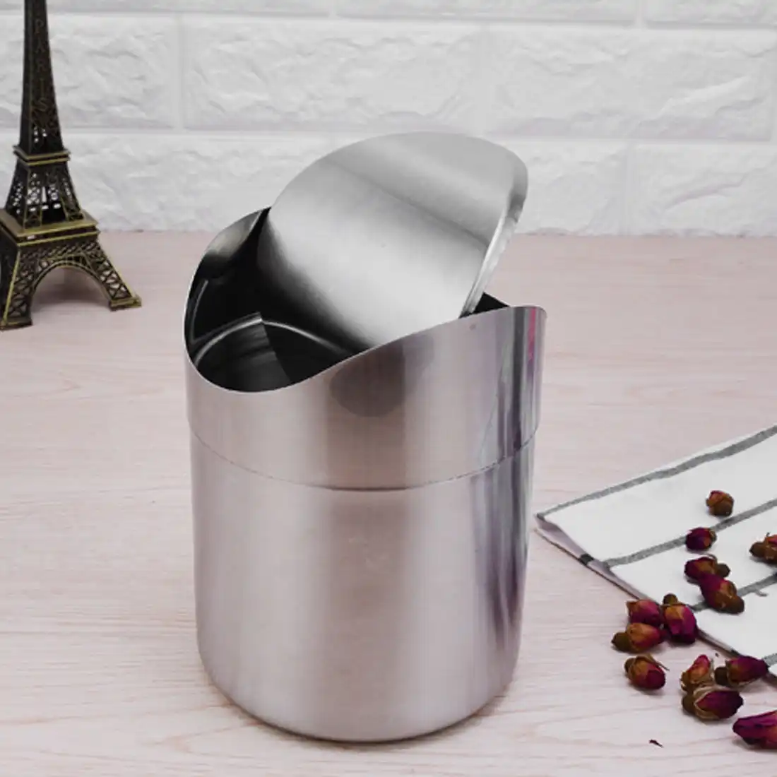 Colorful Stainless Steel Desk Trash Bin Countertop Waste Can With