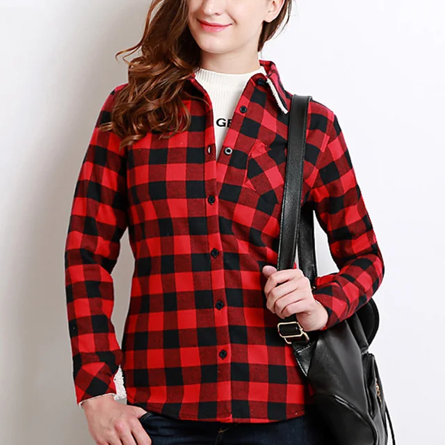 Winter Warm Womens Plaid Shirts Thick Cotton Slim Fit Long Sleeve Plaid