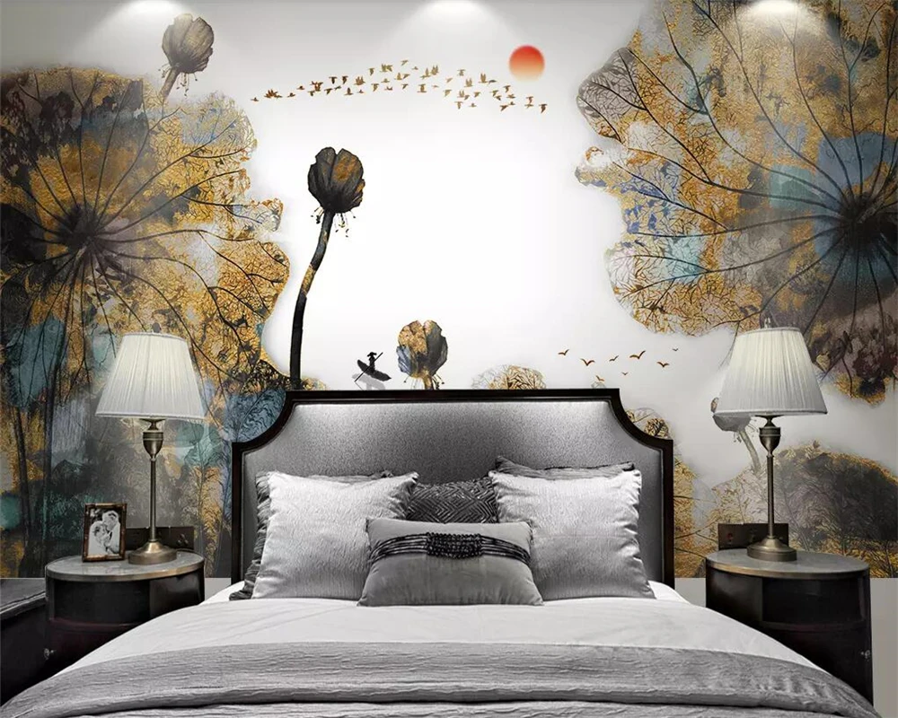 

Beibehang wallpaper for wall 3 d Chinese ink lotus gold decorative painting TV sofa background wall 3d wallpaper papel de parede