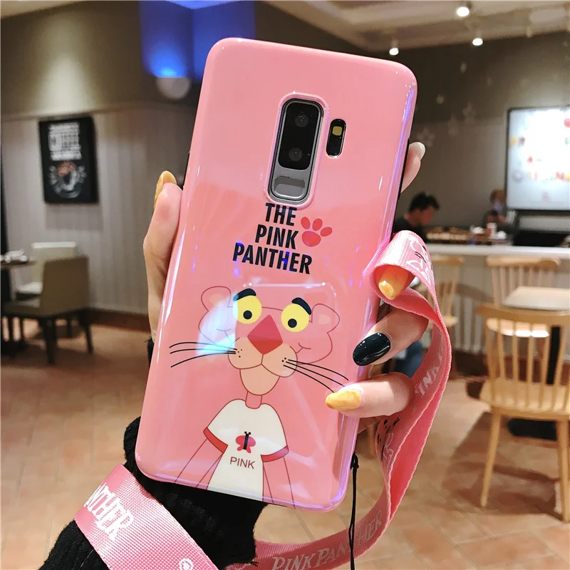 SAM S10 Милая Розовая пантера мягкая задняя крышка телефона для samsung Galaxy S8 S9 S10 plus S7 edge note8 Note 9 Blue Ray чехол+ ремень
