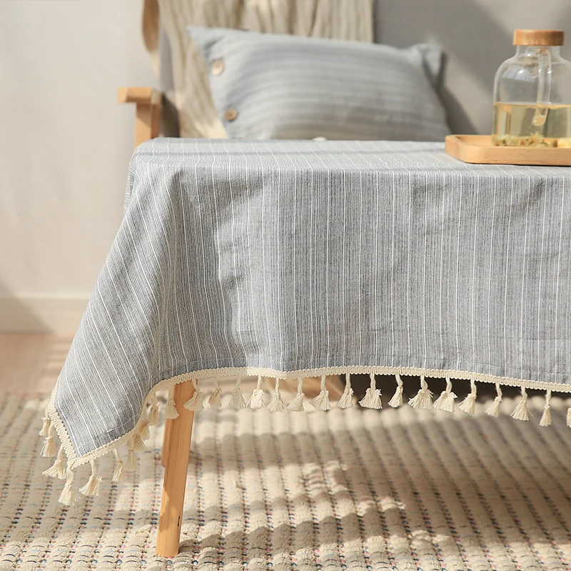  Japan Style Linen Cotton Tassel Table Cloth Rectangular Edge Tablecloth Letter Printed Dustproof Ta