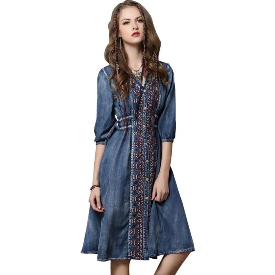

Women dress 2019 spring and summer new large size denim robe vintage folk-custom embroidery Drawstring Sleeve Knee-Length dress