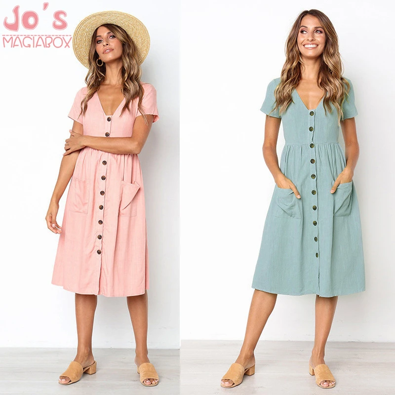 

Women's Fashion Summer Short Sleeve V Neck Button Down Swing Midi Dress with Pockets Beach Summer Dress