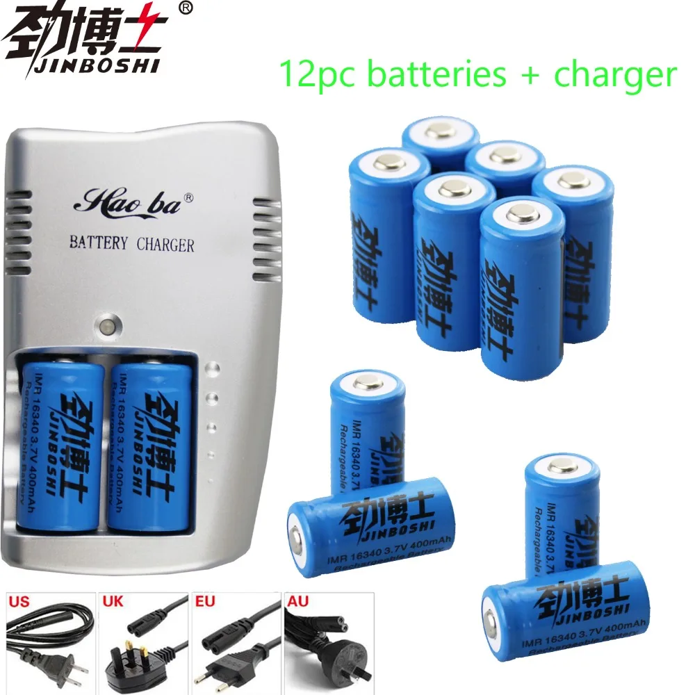 

JINBOSHI hot sale 12pcs CR123A 3.7v 400mAh CR123 16340 Rechargeable 16340 Battery + 1pack dual CR123A 16340 CHARGER