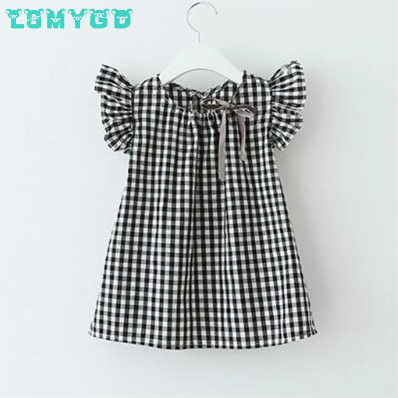 

2017 Europe and the United States new children's children's plaid little sleeve sleeve dress girl wawa black & white plaid mini