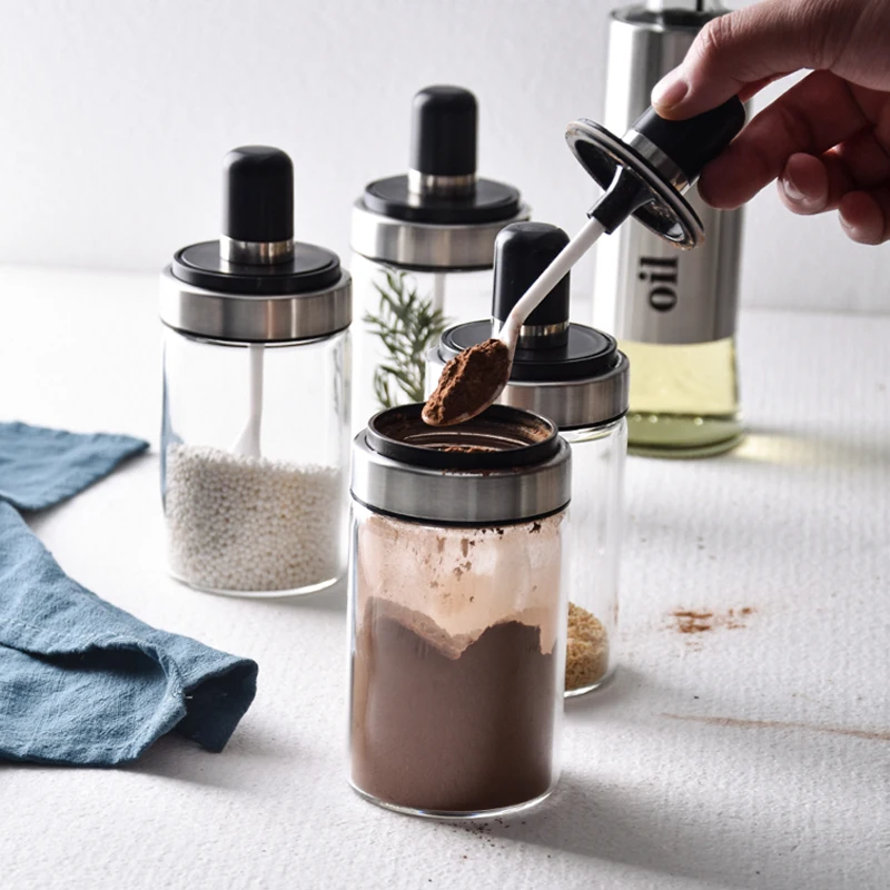 

Limited Promotion Cover Glass Potes Jar Spice With A Spoon Seasoning Bottle Moisture-proof Salt Tank Pot Kitchen Sealed