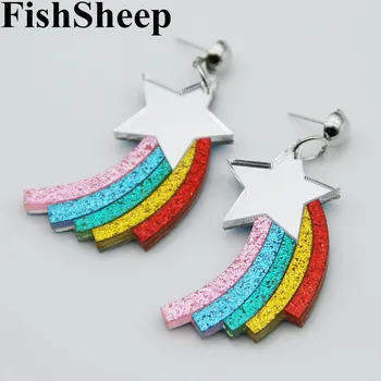 

FishSheep Rainbow Star Shining Glitter Acrylic long Earring Colorful Rainbow Color Geometric Dangle Earrings Summer Jewelry Gift