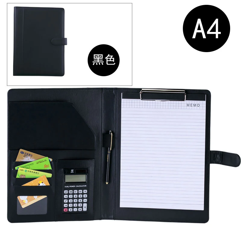 Многофункциональный Искусственная кожа padfolio a4 папки файла для конференц-портфель документов с скрепка офис и школьные принадлежности - Цвет: black