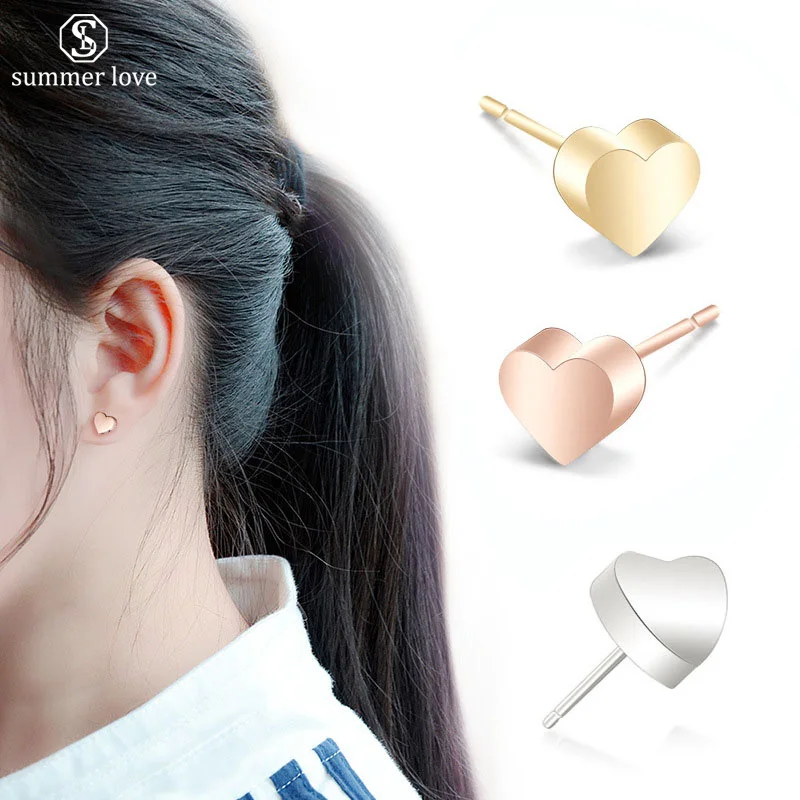

Cute Stainless Steel Heart Stud Earrings Minimalist Korean Style Women Silver Rose Gold Earrings for Women Custom Stud Jewelry