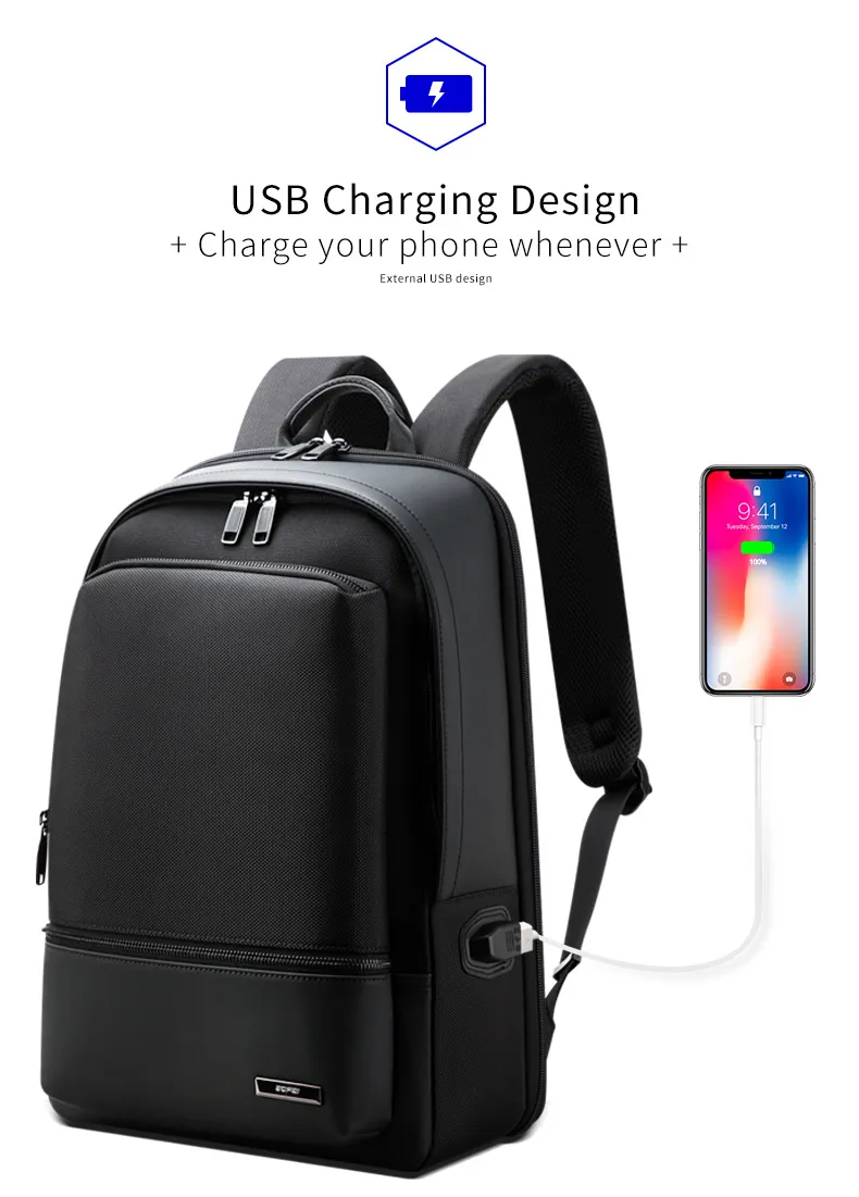 BOPAI Водонепроницаемый черный рюкзак большой емкости Anti Theft Back Pack USB для мужчин