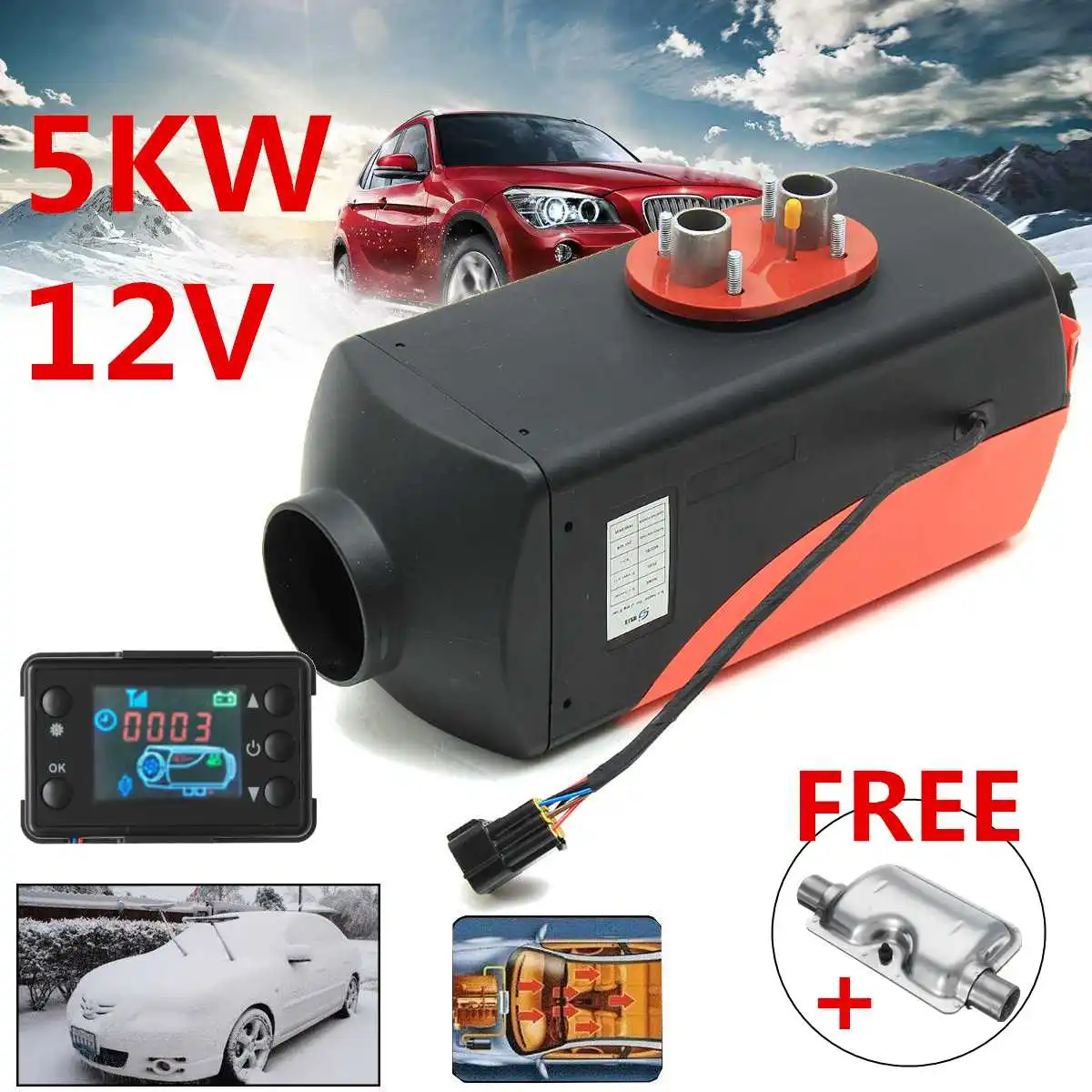 

New 12V 5000W LCD Monitor Air diesels Fuel Heater Single Hole 5KW For Trucks Boats Bus Car Heater With Silencer