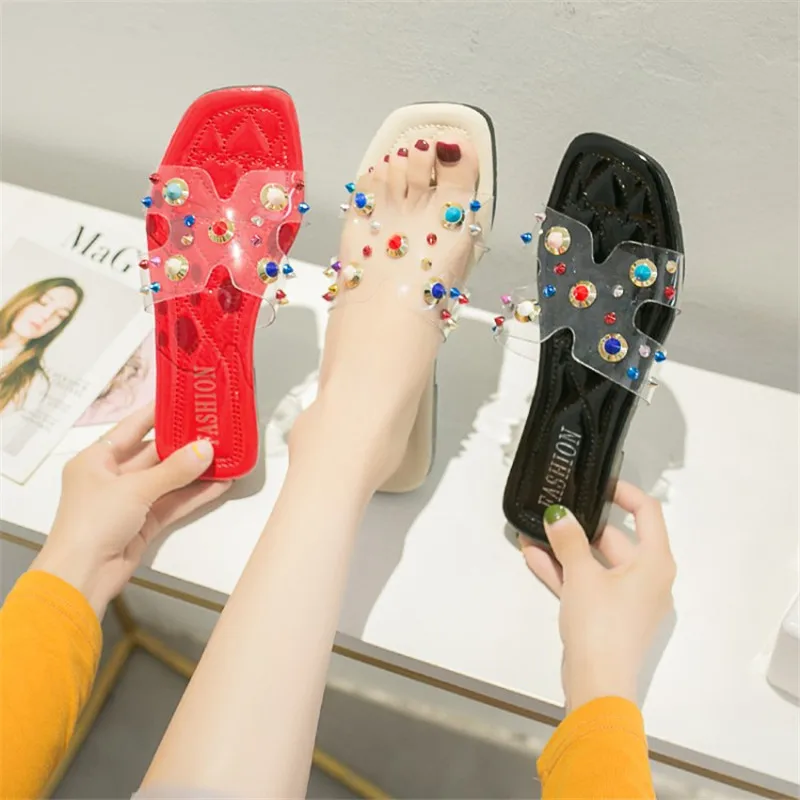 

Colorful Rivets women slippers 2019 Summer new fashion slides outside flat brand h flip flops beach shoes pantoufle femme Red