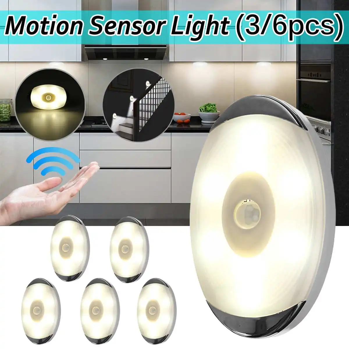 

6 Led Night Lamp 4000K PIR Motion Sensor Lamp Wireless Wall Lamp Cabinet Light Battery Power Stair Light Detector Light