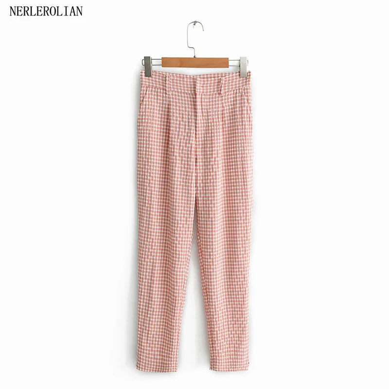 

NERLEROLIAN 2019 autumn new European and American style high waist red and white plaid casual trousers trousers