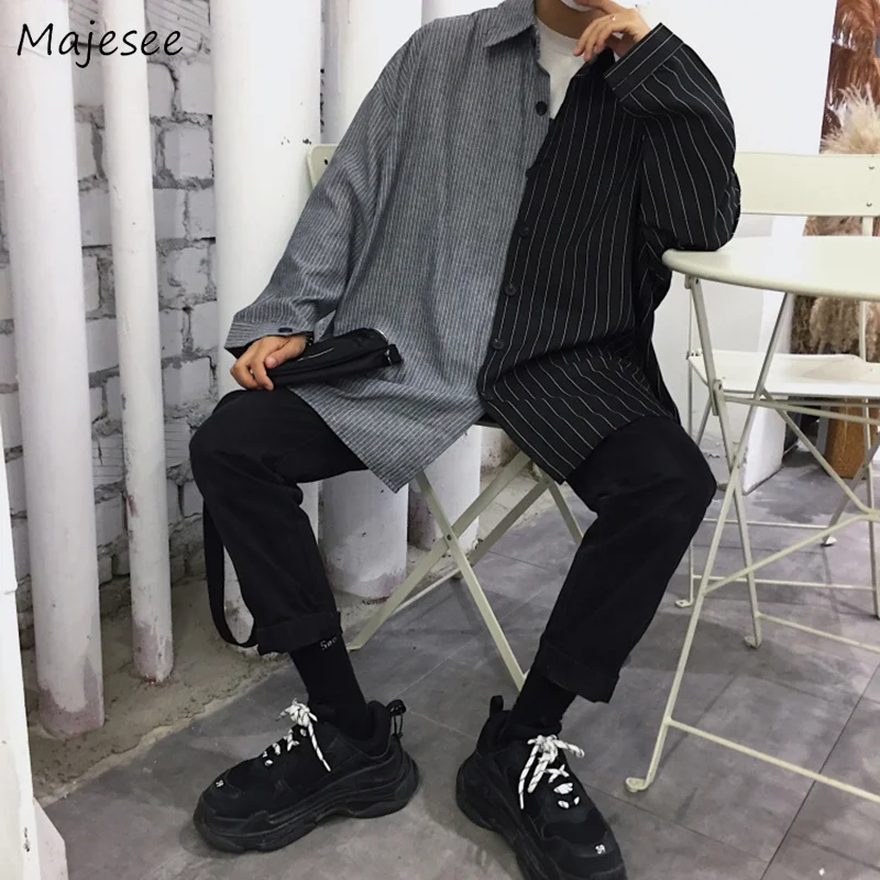 Baratos Camisas hombres Patchwork ocio holgado Oversize Simple estilo coreano all match Retro Harajuku camisa para hombre manga larga suave diario Chic