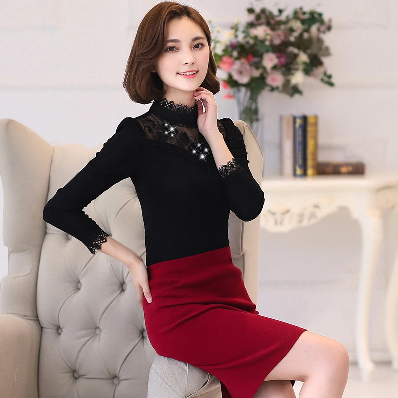 

New Women Shirts Full Sleeve Turtleneck Keep Warm Lace Upset Add Wool Short Blouse Shirt White Purple Wine Red Black Apricot 696