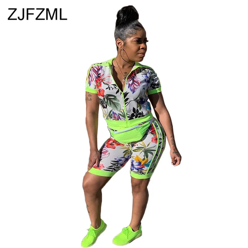

Floral Print Sexy 2 Piece Matching Set Women Clothes Zipper Up Short Sleeve Crop Top+ Neon Green Striped Biker Short Summer Suit