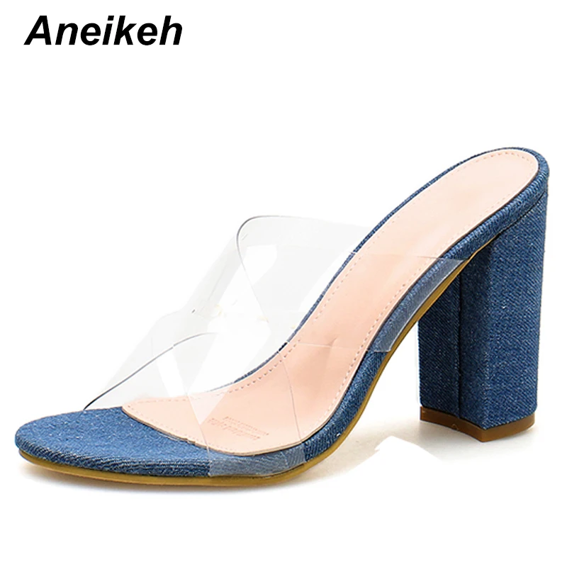 

Aneikeh 2019 NEW Concise PVC Transparent Women's Slippers Open Toe Square High Heel Crystal Shoe Light Blue Dark Blue Size 35-40